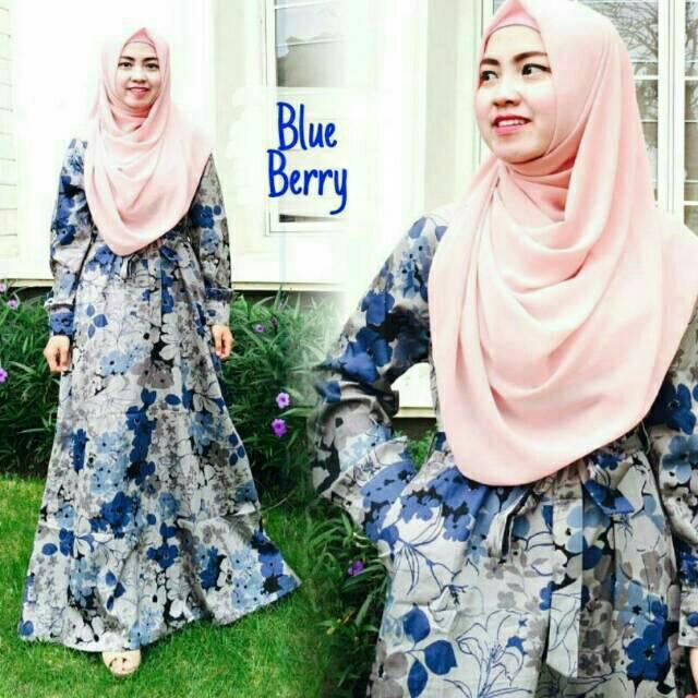 Gamis katun jepang ORIGINAL Gamis magda pink berry lyra virna busana muslim tanah abang syari motif (blue berry L)