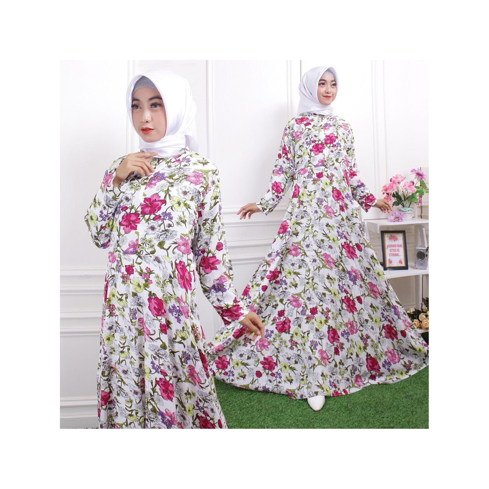 Baju Muslim / Gamis Maxi Dress Katun Motif Bunga Besar Eva 02 No Pasmina