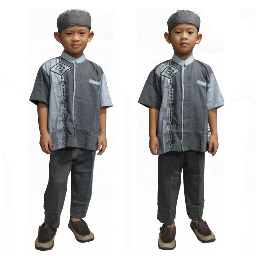 Glow fashion Stelan Baju koko atasan kemeja batik anak pria shirt dan celana panjang plus peci Raka