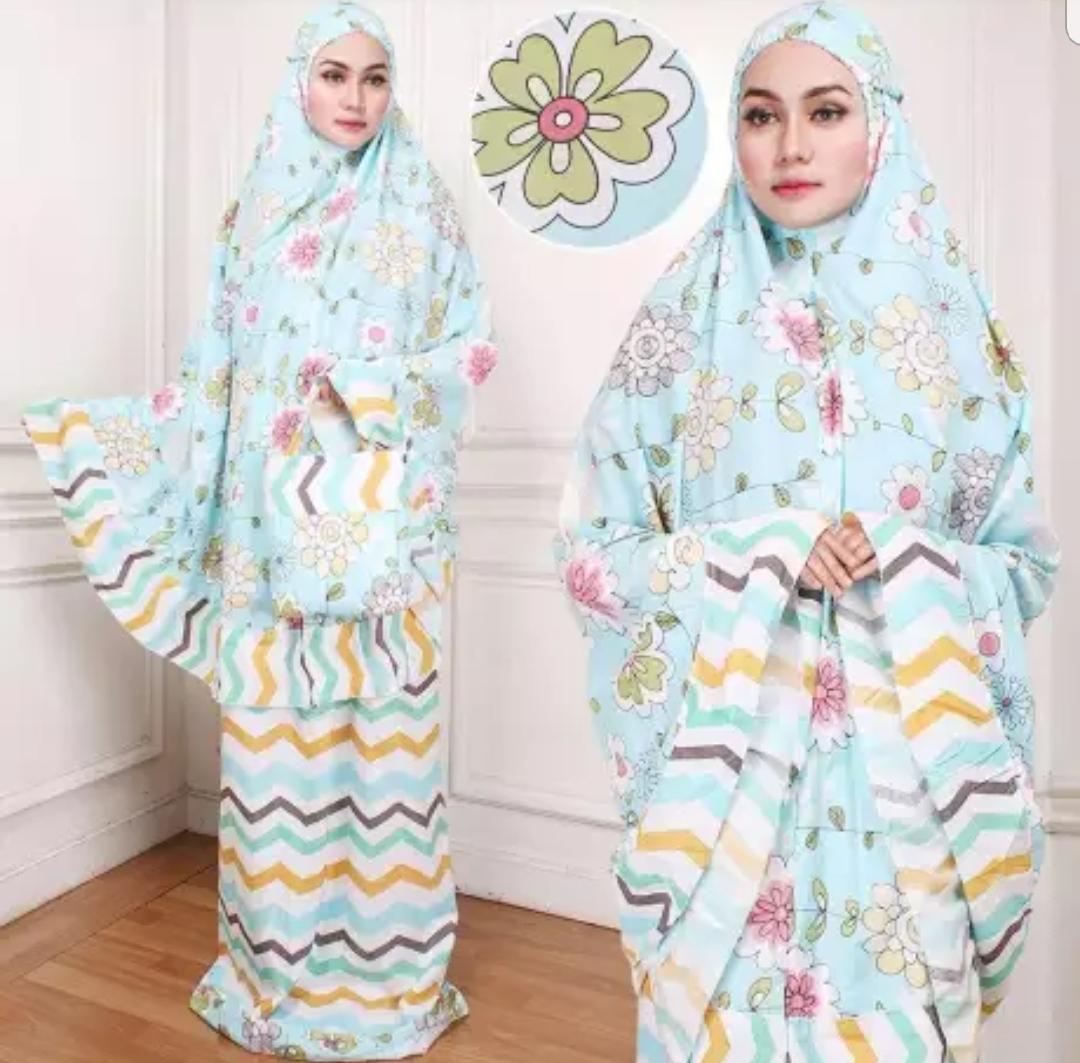 STELAN MUKENA KATUN JEPANG MURAH SHABBY MOTIF BUNGA MATAHARI WARNA BIRU PLUS TAS