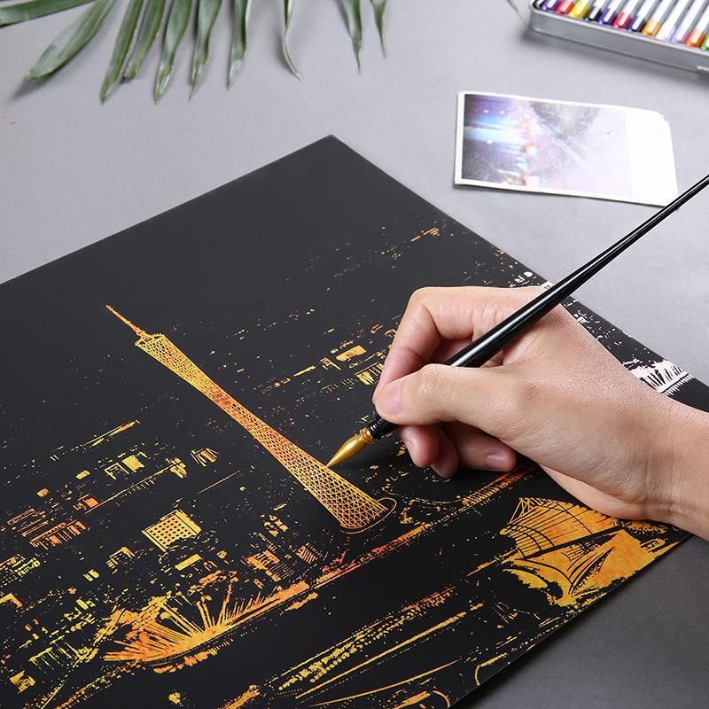 Bright City Theme DIY Drawing Picture Wall Painting Scratch Card, City Golden Night View Paint Arts Paper Home Decor Creative Gifts Style:Guangzhou
