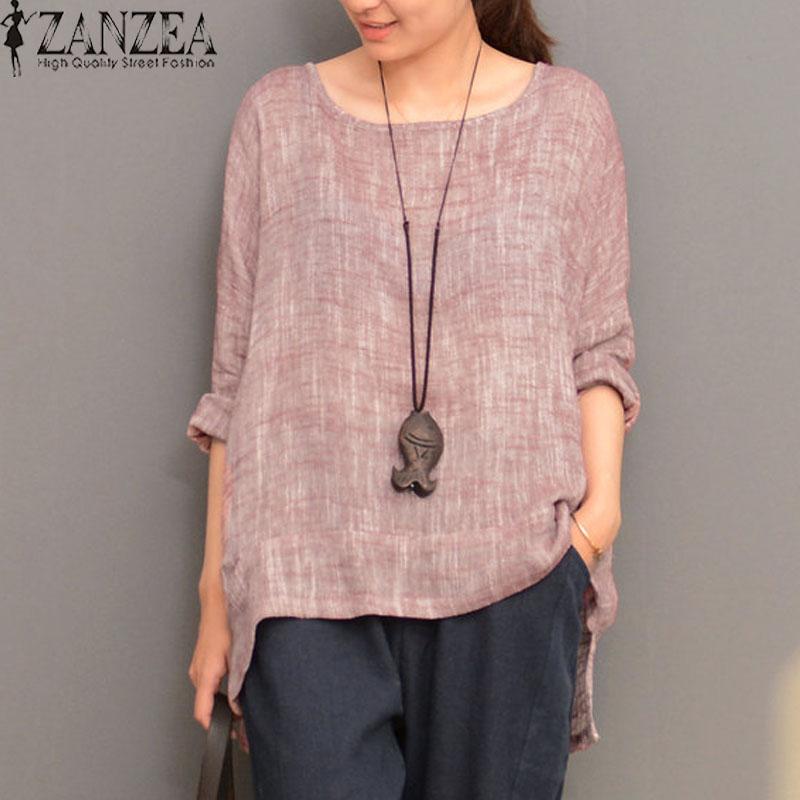 ZANZEA Plus Ukuran Wanita Retro O Leher Lengan Panjang Split Cotton Linen Spring Robe Blus Shirt PARTY Solid Baggy Top Blusas Pink-Intl