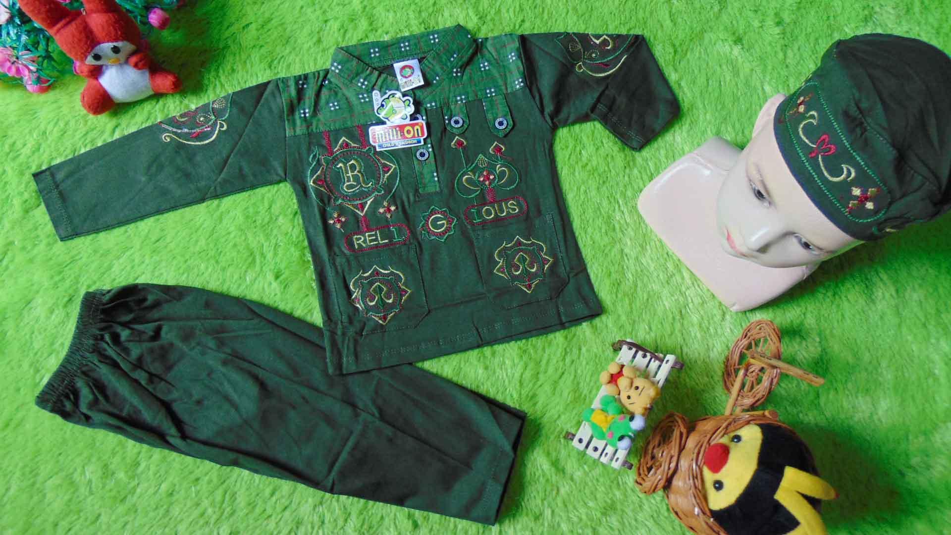 kembarshop - PLUS PECI setelan baju koko muslim anak bayi laki-laki newborn 0-12bulan hijau bordir kancing dada