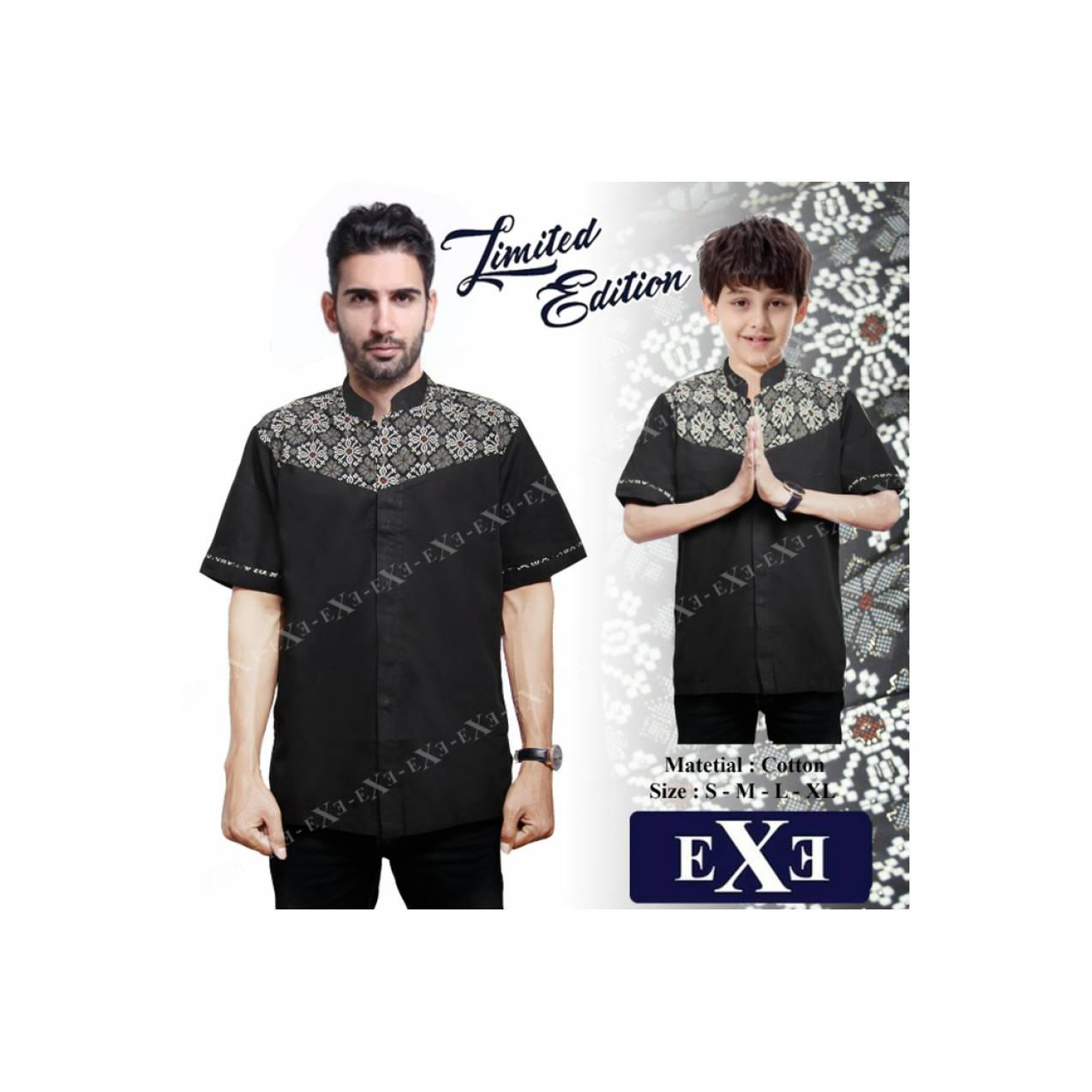 Kemeja / Baju Koko Muslim Couple Ayah Anak - Hitam Kombinasi Batik - T