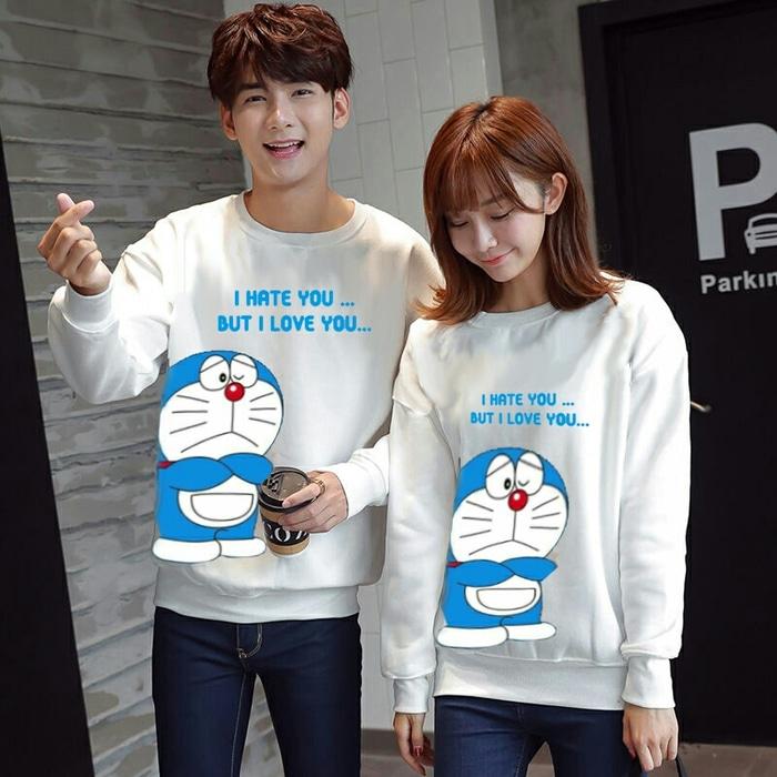 Sweater Baju Couple Doraemon Love Hate Pasangan Kompak Putih Keren