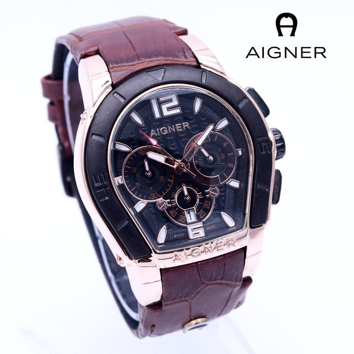 DISKON TERLARIS - Jam Tangan Pria / Cowok Aigner Bari Leather Brown Rose Black TERMURAH