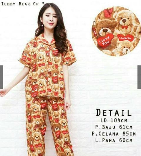 MichelleStore Piyama Wanita / Baju Tidur I Love You Teddy Bear - Cokelat