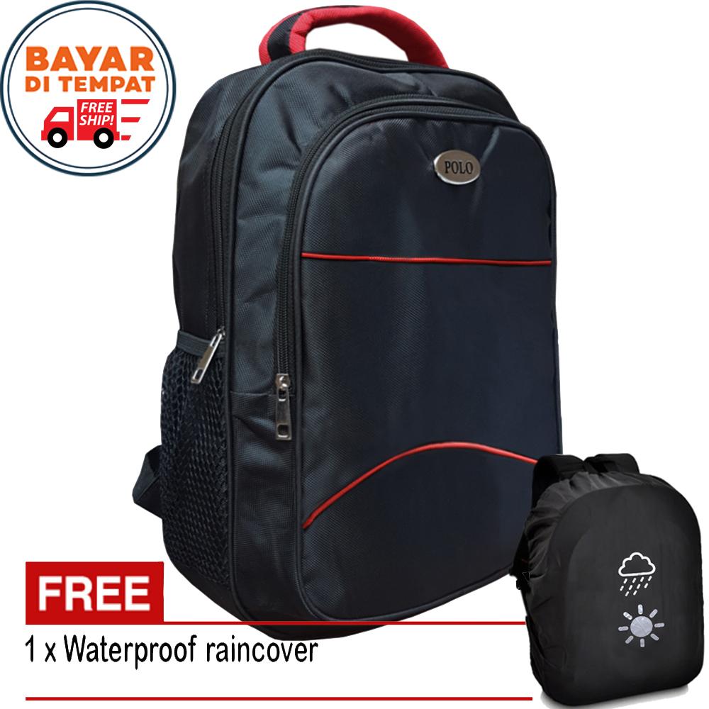 Polo Backpack P33021 Tas Pria Tas Wanita Tas Ransel Pria Tas Ransel Wanita Tas Polo Tas Ransel Polo Tas Kerja Tas Sekolah Tas Punggung Tas Laptop Tas Gemblok Size 18 Inchi Material Nilon - Black + Raincover