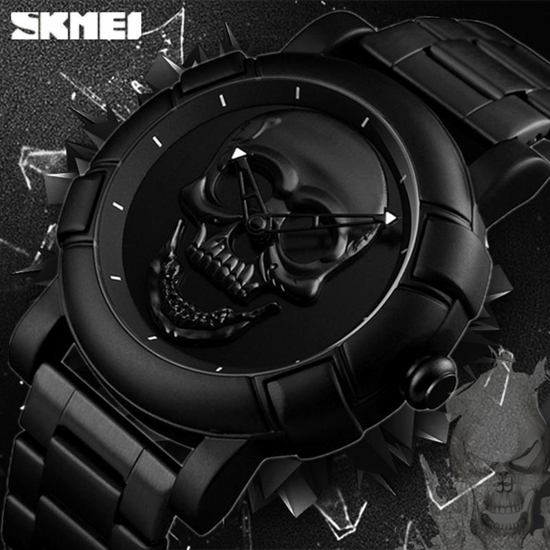SKMEI Merek 3D Tengkorak Mewah Jam Tangan pria Mode Sport Quartz Perhiasan Pria Penuh Baja Waterproof Business Watch