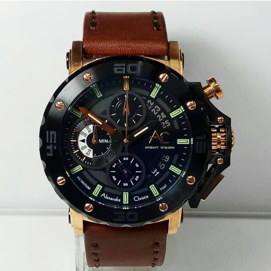 Alexandre Christie AC9201NMC Original Jam Tangan Pria Stainless Leather Coklat Rosegold
