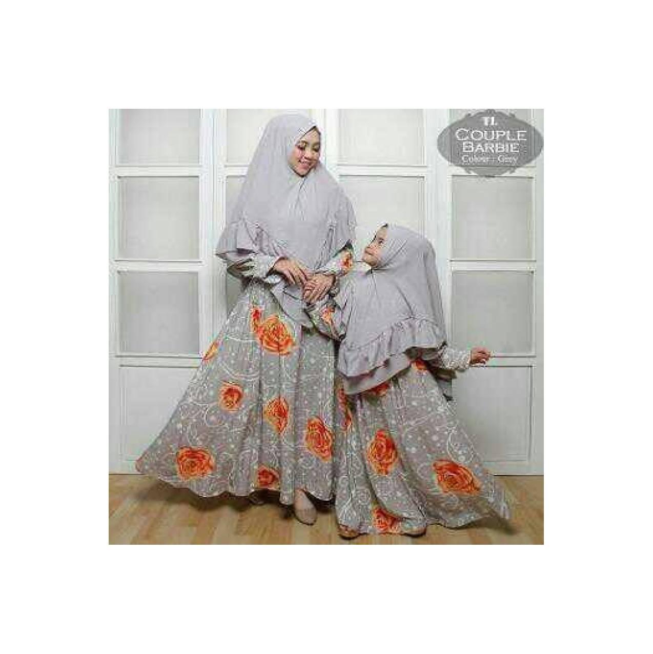 Couple Gamis Syari Ibu & Anak Barbie Crep Motif Asli warna Abu