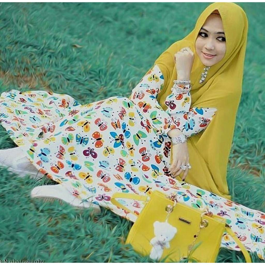 gamis motif bahan monalisa murah kupu-kupu/dress panjang/syar'i/gamis wolfis/best seller (Gamis Jumbo + Khimar)