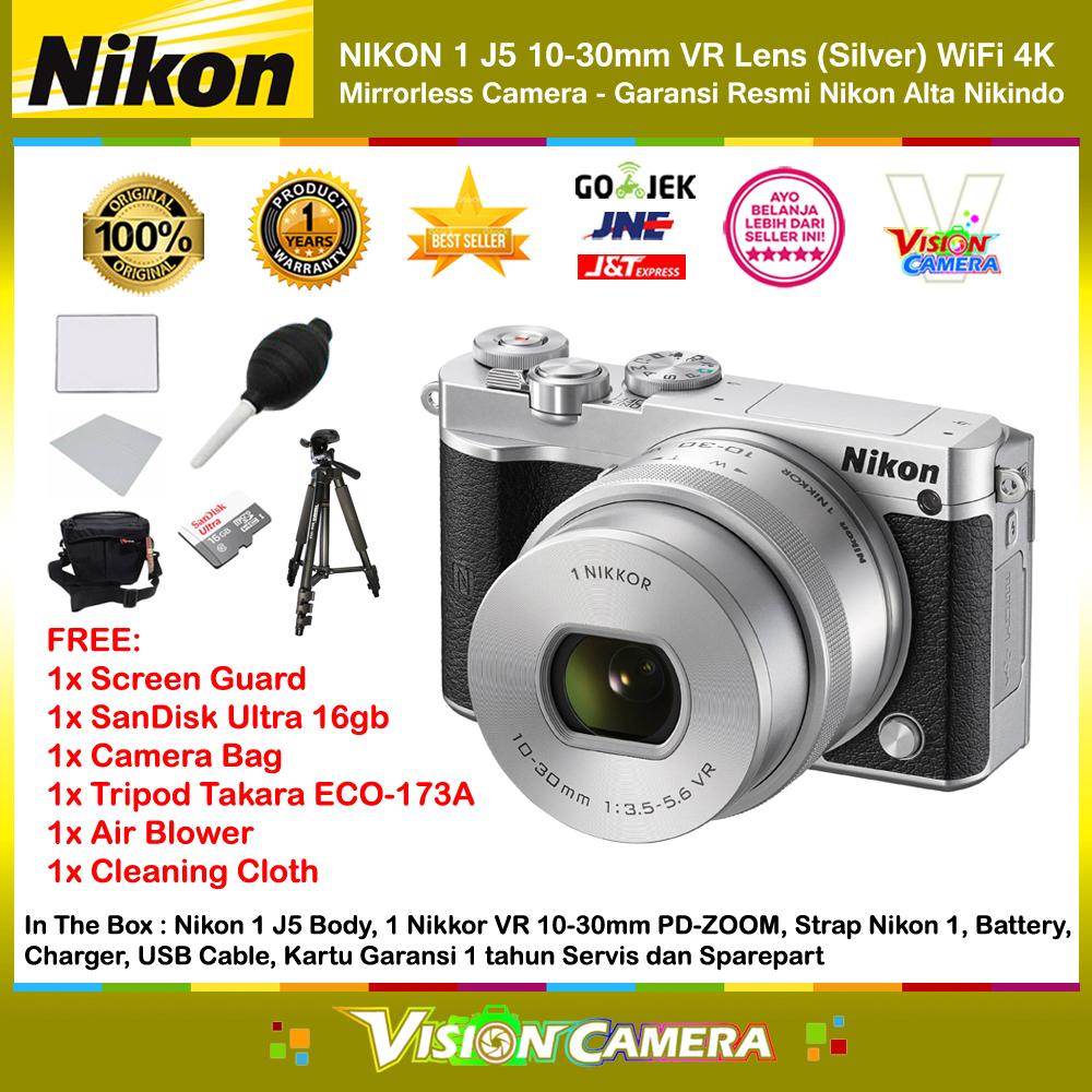 NIKON 1 J5 10-30mm VR Lens Silver WiFi 4K Mirrorless Camera Garansi Resmi 1th + Screen Guard + MicroSD SanDisk Ultra 16gb + Air Blower + Cloth + Camera Bag + Tripod Takara ECO-173A