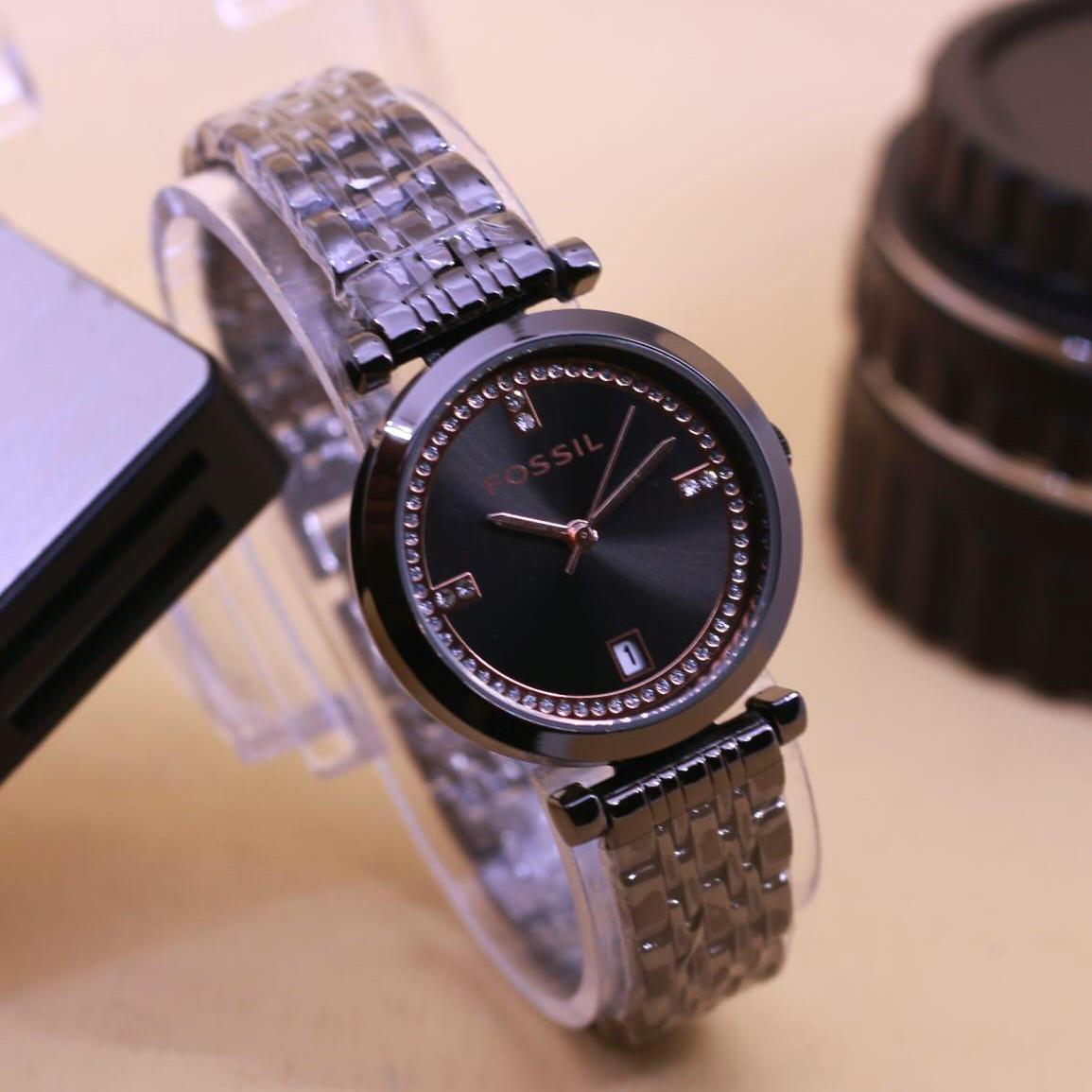 FOSSIL - jam tangan wanita Elegant Fossil - tanggal - rantai hitam list permata gold - stainless steel