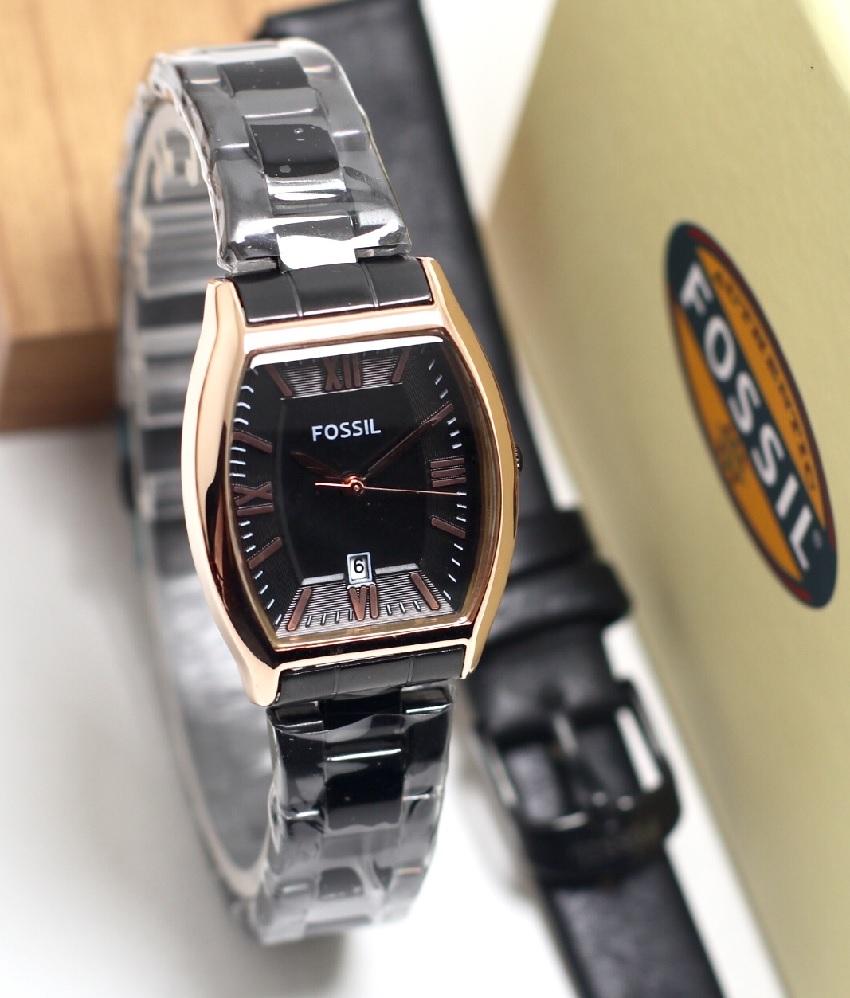 jam tangan wanita casual fashion dan exclusive Fossil - tanggal aktif - rantai hitam body gold dial black - stainless steel - free 1 pcs leather dan free box