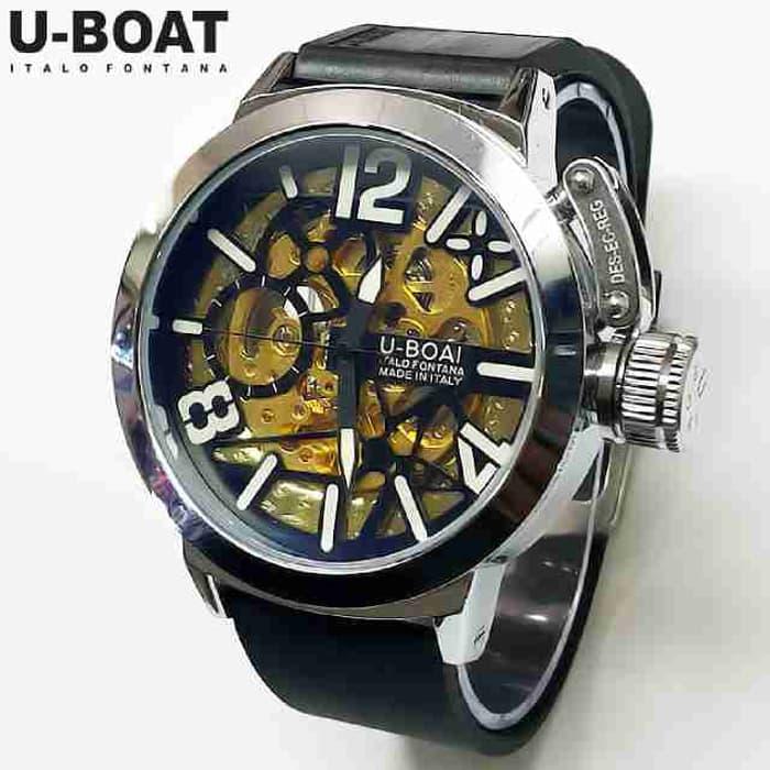 Best Seller!! Jam Tangan Pria U-Boat Skeleton Ub1 Rubber Black Silver Automatic - ready stock