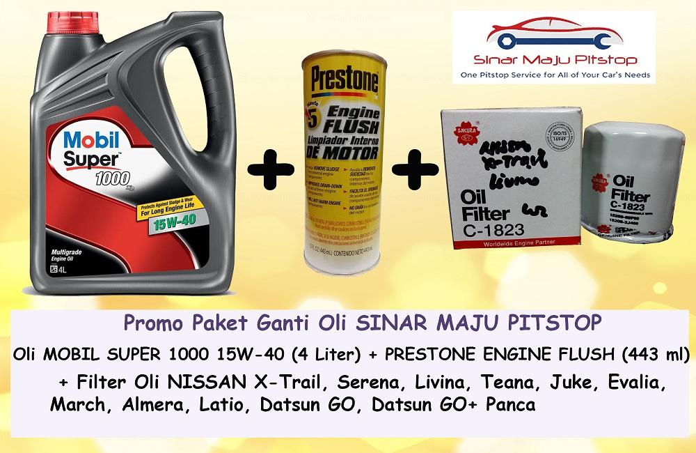 Promo Paket Ganti Oli MOBIL SUPER 15W-40 API SN 4 LITER & Prestone Engine Flush & Filter Oli NISSAN EVALIA & NISSAN MARCH ORIGINAL
