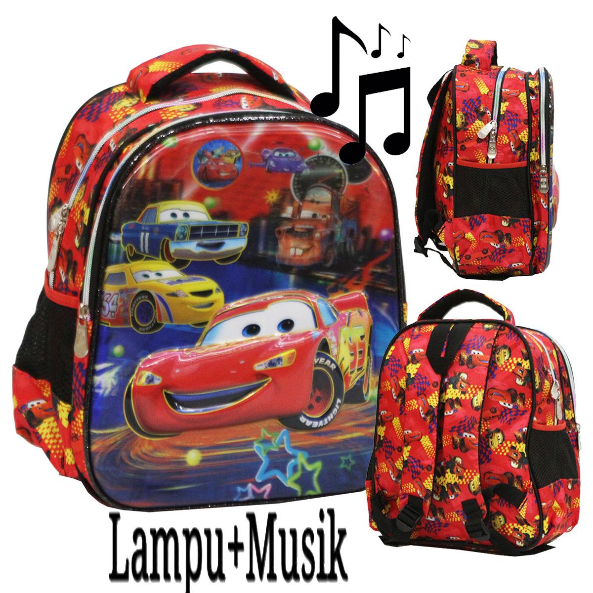 Onlan Tas Ransel LAMPU dan MUSIK Cars McQueen 5D Timbul Unik Ukuran Anak Sekolah TK & PG Import - Red