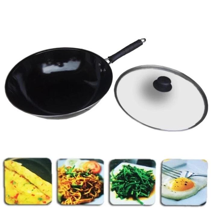 Wok Wajan Penggorengan Serbaguna 33 Cm+Tutup Kaca-Bahan Enamel Food Grade
