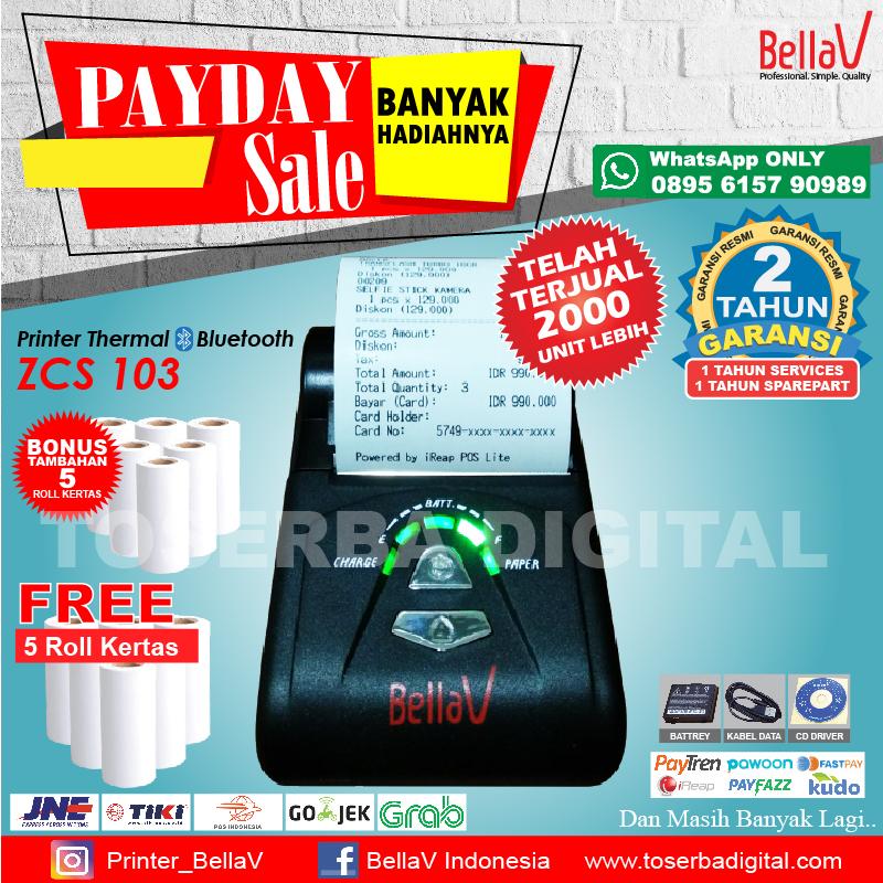 Printer Bluetooth Thermal BellaV ZCS 103 Support Paytren Fastpay iReap + 5 Roll Kertas