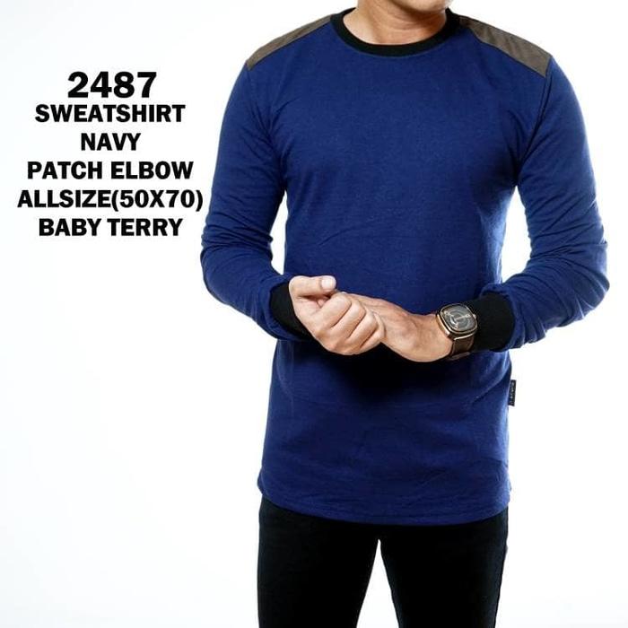 DISKON KAOS PANJANG SWEATER PRIA MURAH KEMEJA COWOK NAVY ELBOW .