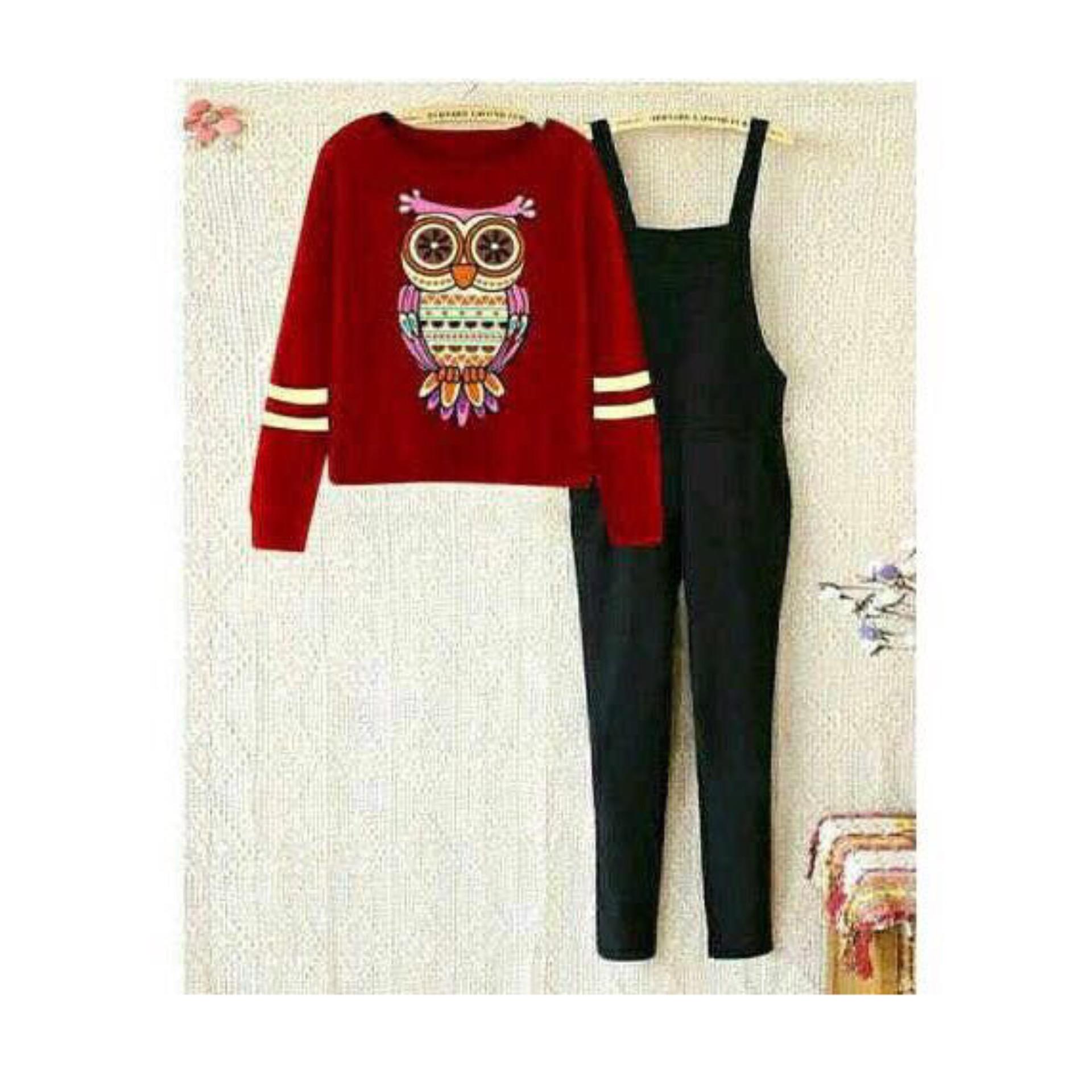 F Fashion Jumpsuit Wanita Owl + Gratis Kaos / Jamsuit Wanita / Jamsuit / Setelan Wanita / Celana Panjang Wanita / Baju Setelan / Kaos Bagus / Kaos Santai.