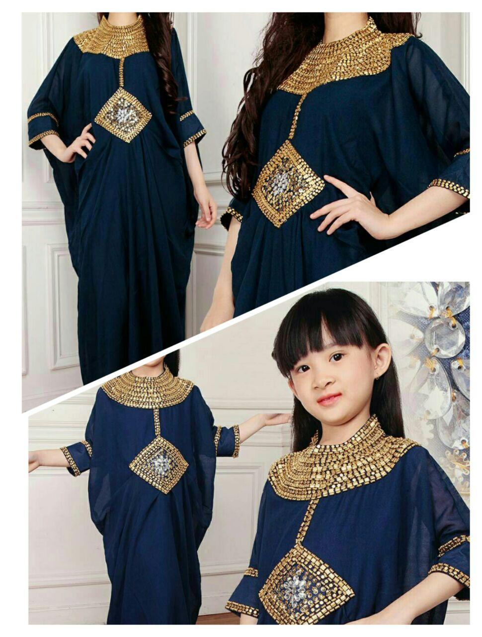 couple kaftan cleopatra satin ibu dan anak navy