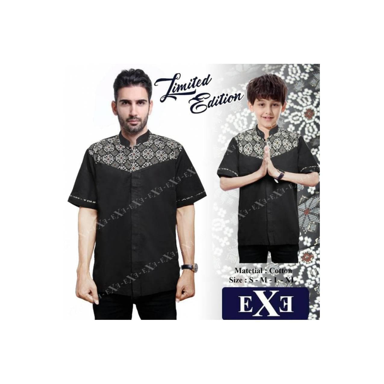 Kemeja / Baju Koko Muslim Couple Ayah Anak - Hitam Kombinasi Batik -