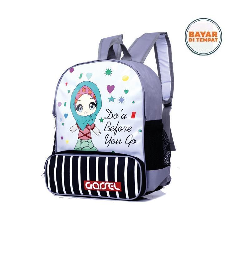 Garsel Tas Ransel Sekolah Anak Perempuan Muslim Lucu Motif Anak Berhijab ZUK5892 - Abu