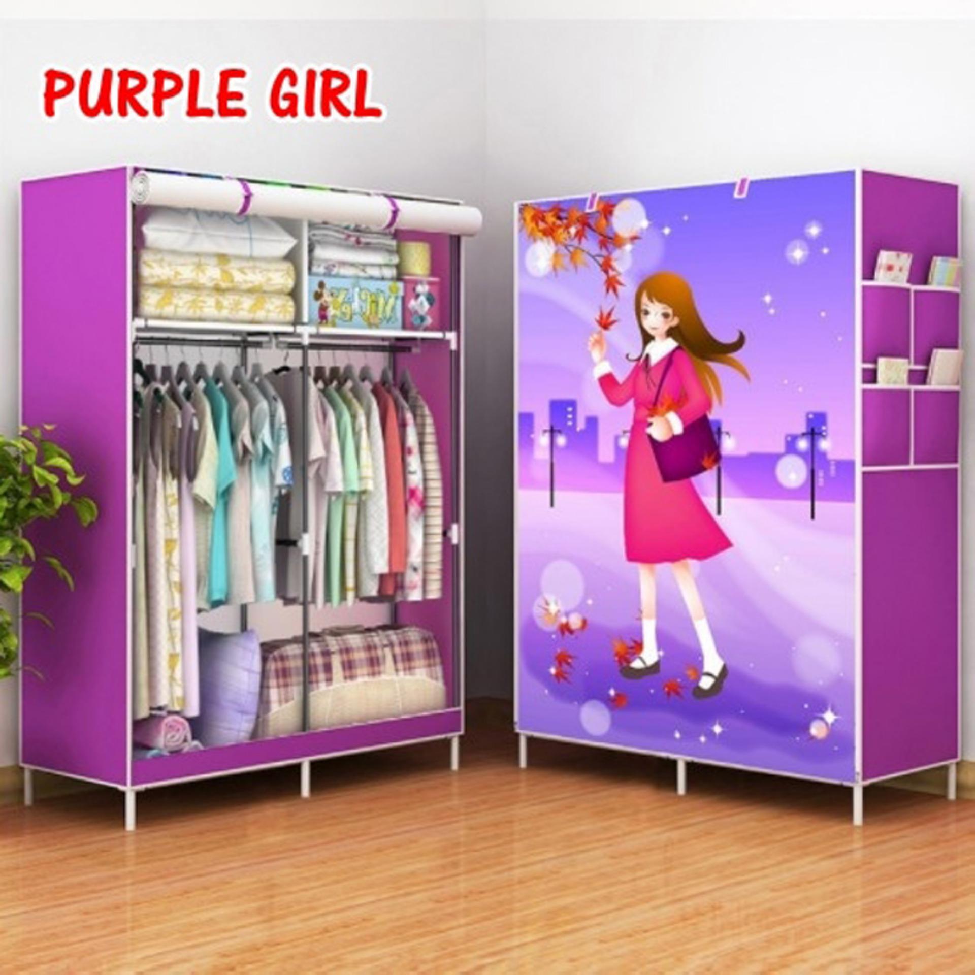 Lemari baju modern lemari gantung lemari pakaian portable rak pakaian minimalis Purple Girl Double Rack