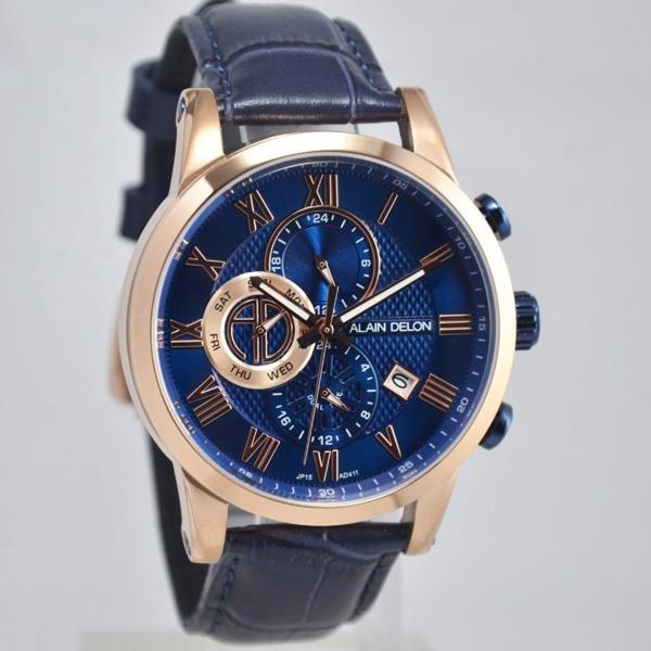 Alain Delon Jam Tangan Pria Alain Delon AD411-1581C Dual Time Rosegold Stainless Steel Leather Blue