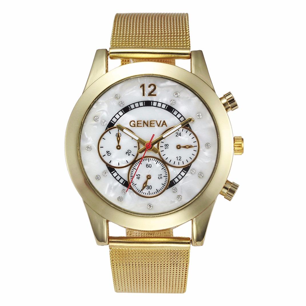 Geneva 8422 Diamond Pria Paduan Meja Palsu Tiga Merah Pointer QUARTZ Watch-Emas Mesh Steel