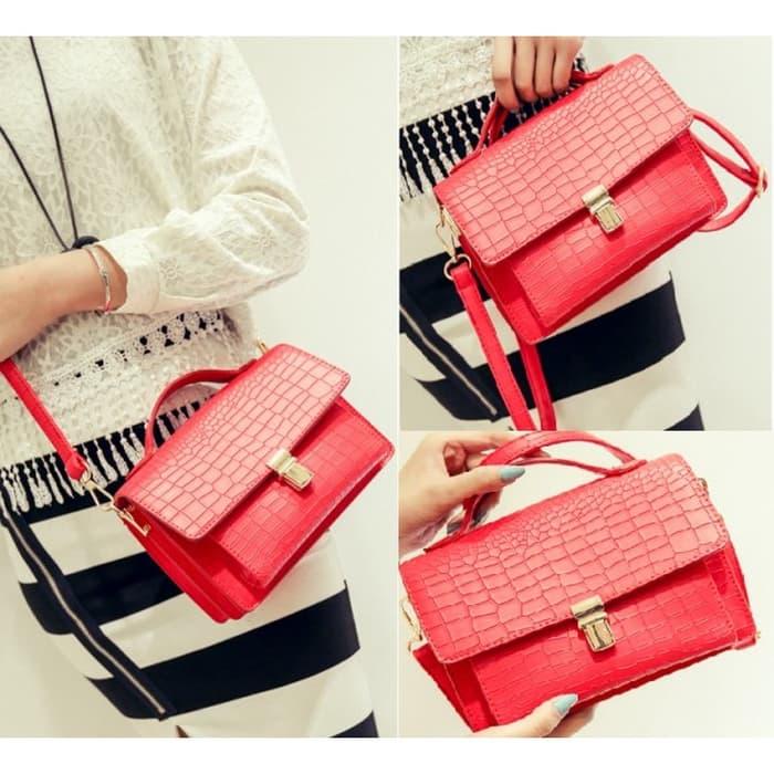 Diskon 10%!! Tas Sling Bag Merah Peach Wanita Like Fossil Chanel Furla Motif Kulit - ready stock