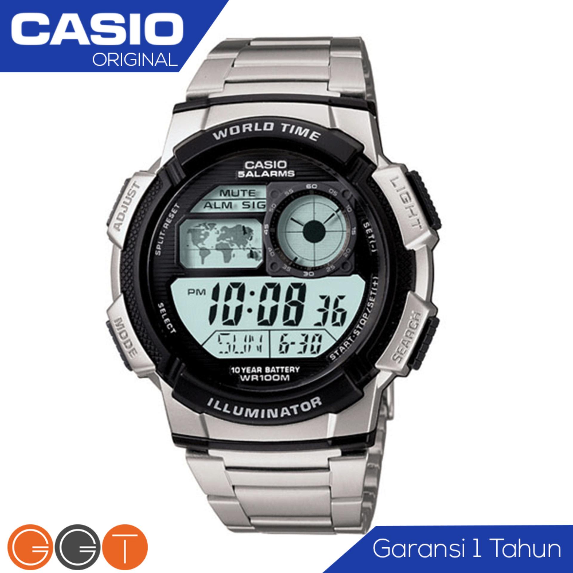 CASIO Illuminator AE-1000WD-1AVDF - Jam Tangan Pria - Tali Logam Stainless Stell - Digital Movement - Silver Hitam
