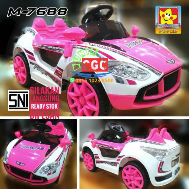Mainan Mobil Aki Portege 5 PMB M7688 Remote Bluetooth Indikator Aki USB NEW 2017 Musik Lampu LED PINK PUTIH