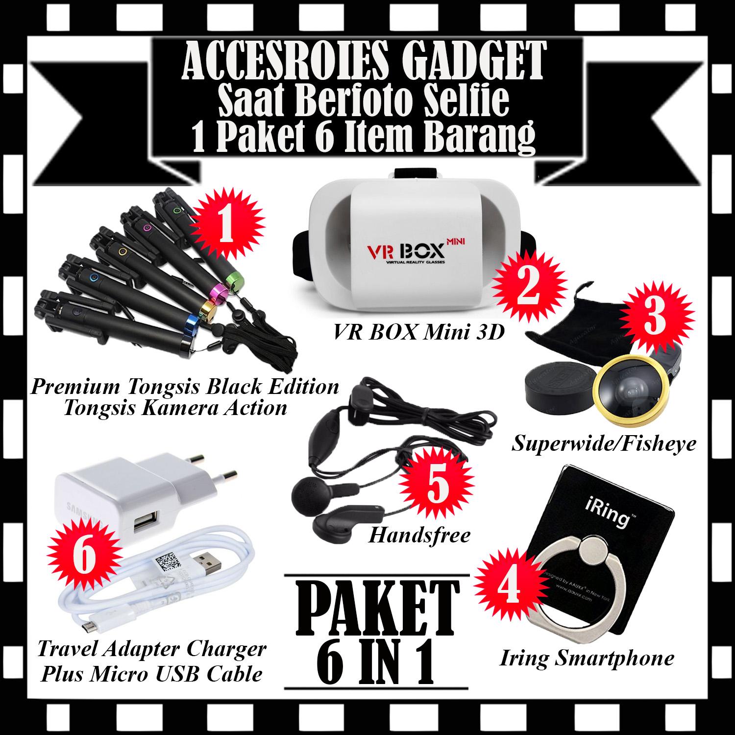 Paket Accesories Gadget Berfoto Selfie - Premium Tongsis Black Edition Tongsis Kamera Action + VR Box Mini 3D Virtual Reality Glasses Cardboard Movie & Game + Superwide/Fisheye + Iring Smartphone + Handsfree & Travel Adapter Charger Plus Micro USB Cable