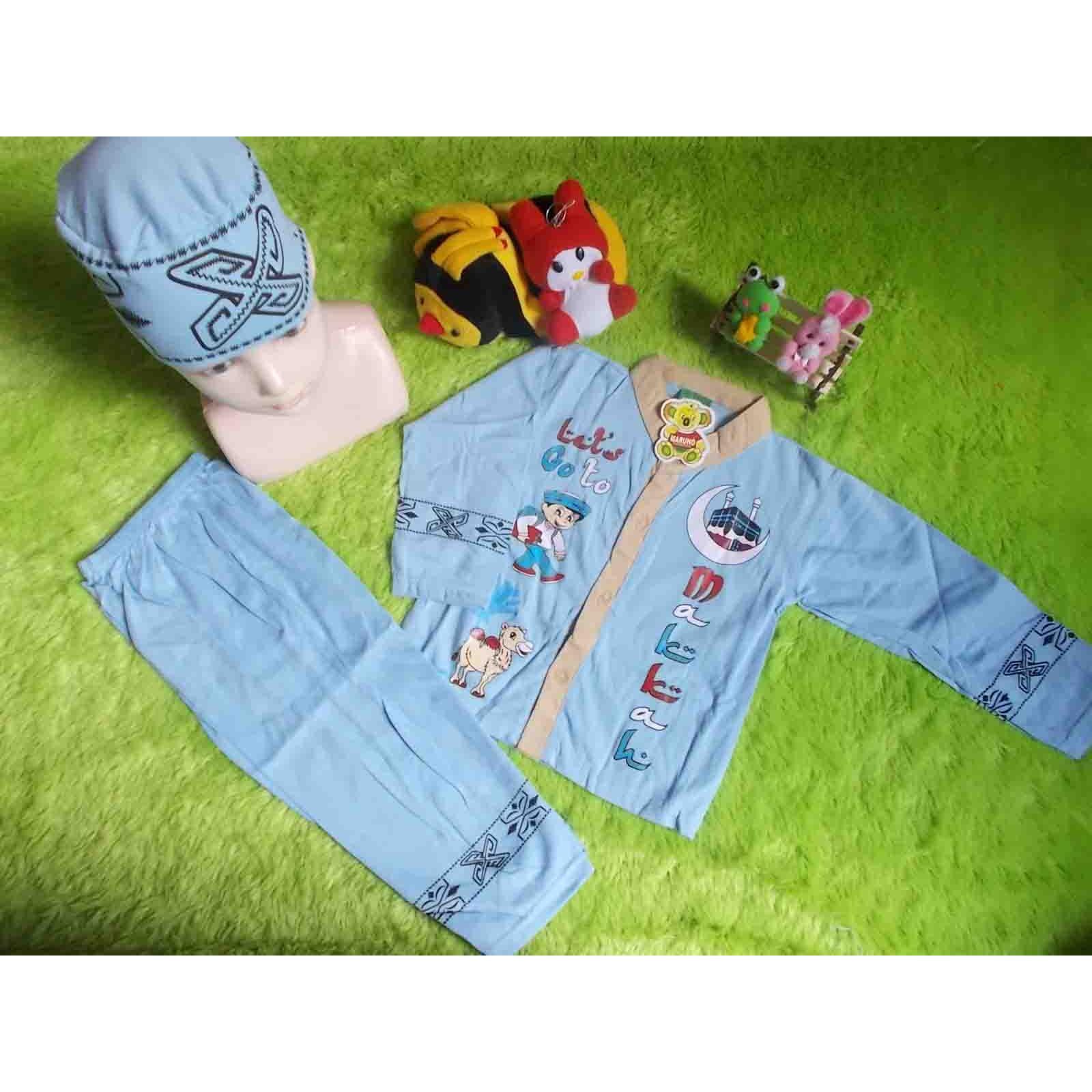kembarshop - setelan baju koko anak baju muslim 4 tahun biru muda plus peci motif random