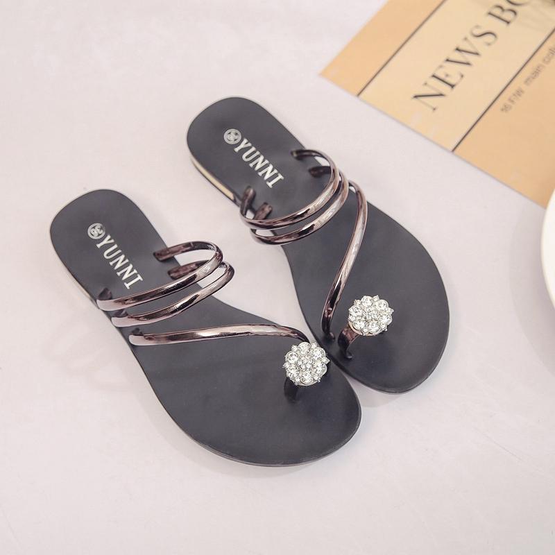 Harajuku Sandal Batu Kristal Udara Sendal Korea Modis Gaya Musim Panas Wanita Musim Panas (Hitam)