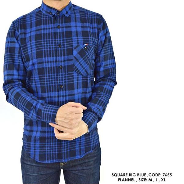van shirt store KEMEJA COWOK PRIA KERJA LENGAN PANJANG FLANNEL FLANEL KOTAK BIRU TUA Square Big Blue