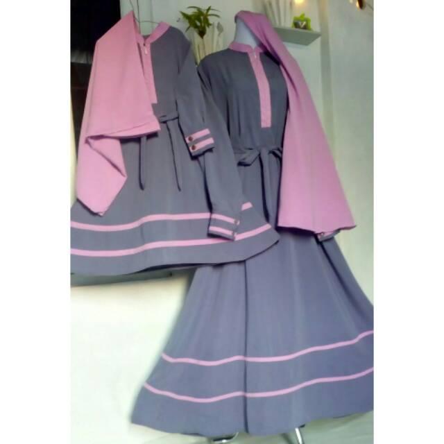 (TERBARU) Set Gamis Couple Ibu Anak Abu-abu Kombinasi Dusty Pink Murah Terbaru (Size ibu S)