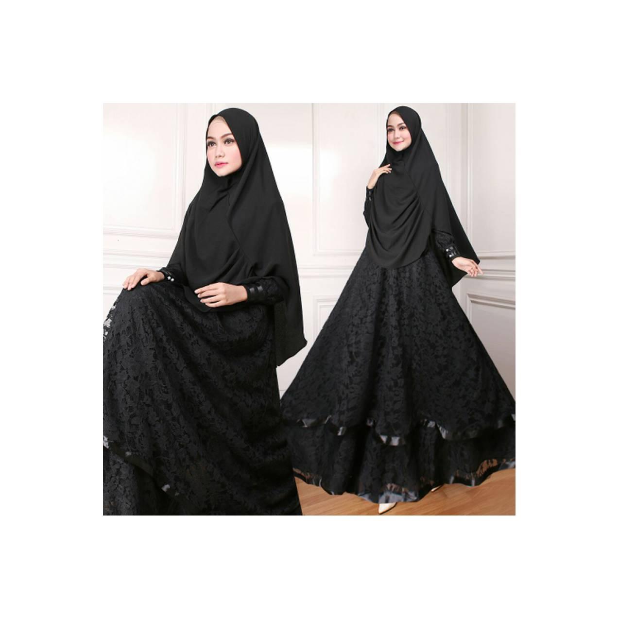 SET GAMIS BROKAT BLACK KHIMAR BUBBLE POP SYARI SET BAJU HITAM BUSUI