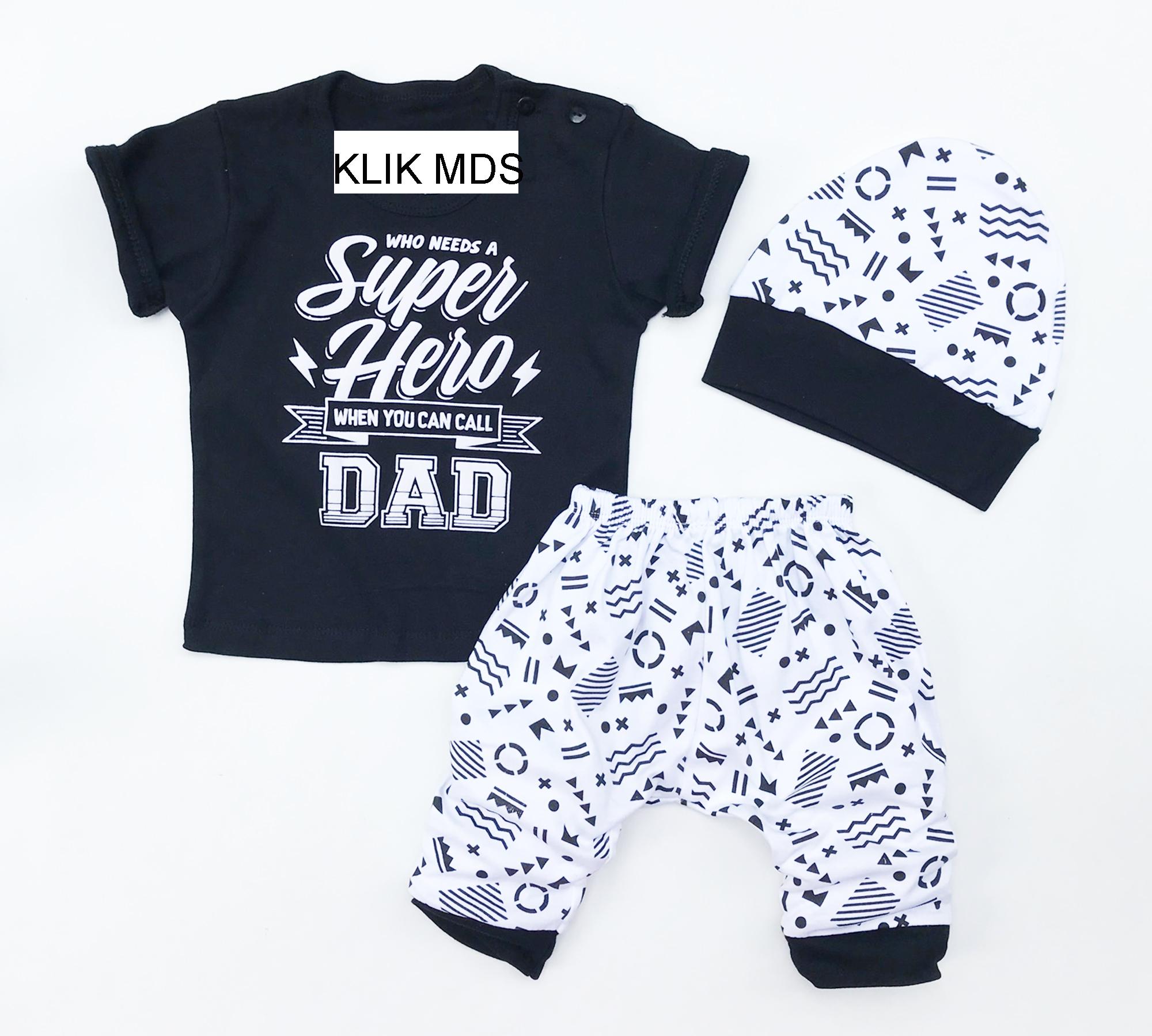 Klik Mds Baju Anak Bayi Setelan Atasan dan Celana Hitam Putih Motif Who Needs A Superhero When You Can Call Dad Free Topi