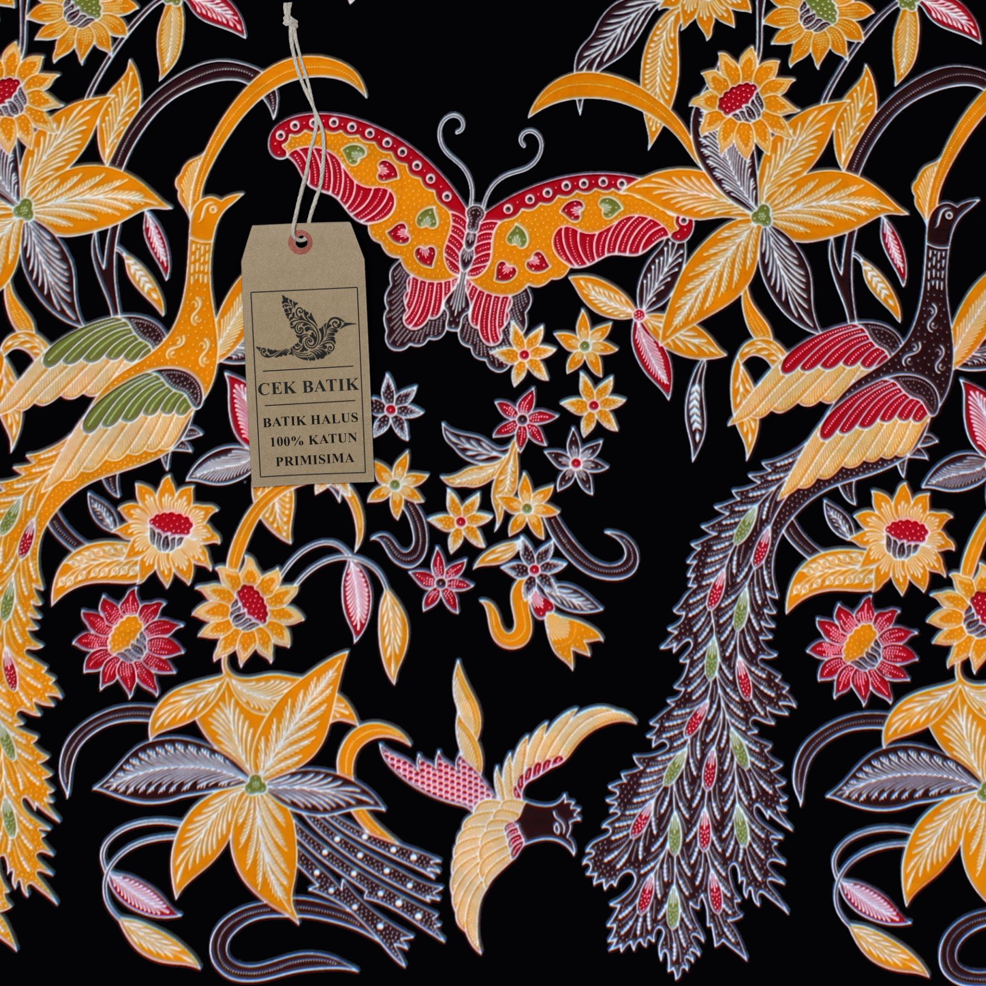 Cek Batik - Kain Batik Motif Burung Merak dan Kupu-kupu Unik Hitam Manis (Kuning)