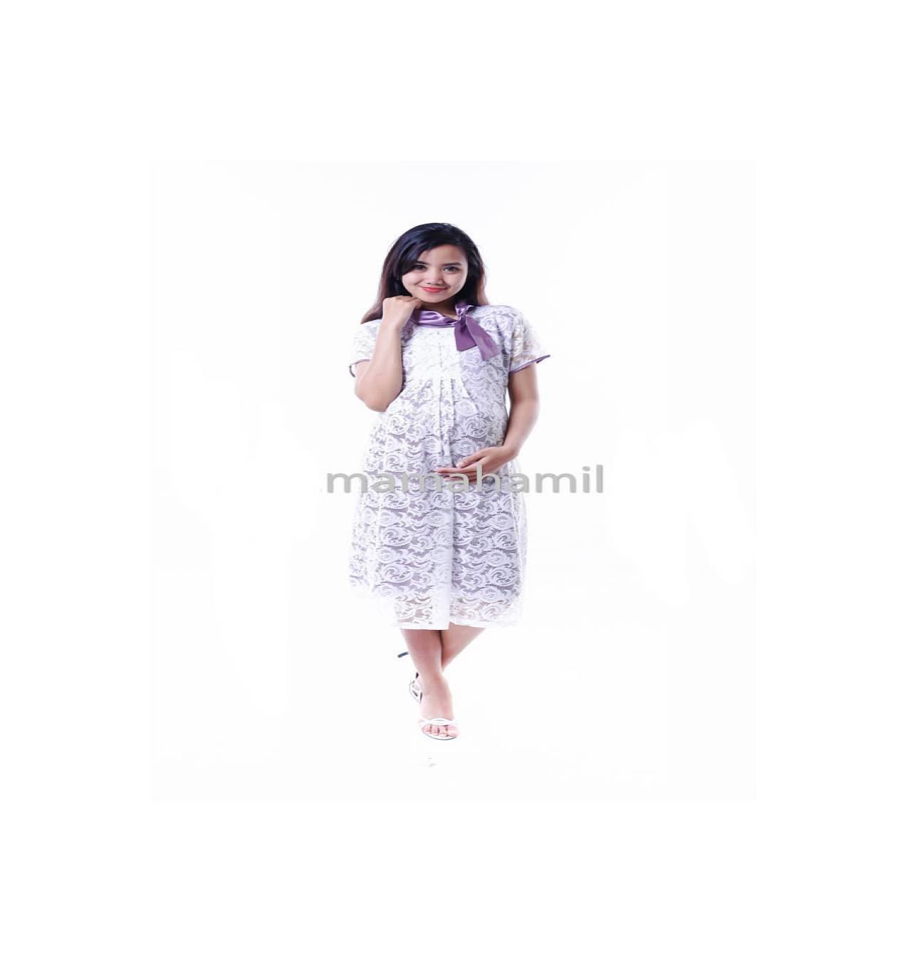 Baju Hamil Dress Modis Brokat Putih Sabrina Satin Silky - Ungu muda