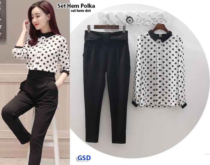 GSD - Setelan Baju Dan Celana / Baju Wanita / Hem Wanita / Baju Casual Cewek - Set Hem Dot