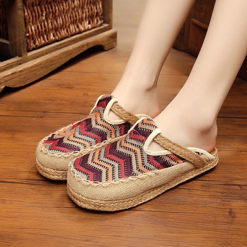 Kasual Linen Datar Lengan Lengan Bergaris Sandal Beijing Sepatu Kain Bekas (Anggur Merah) Sepatu Wanita Sandal Wanita