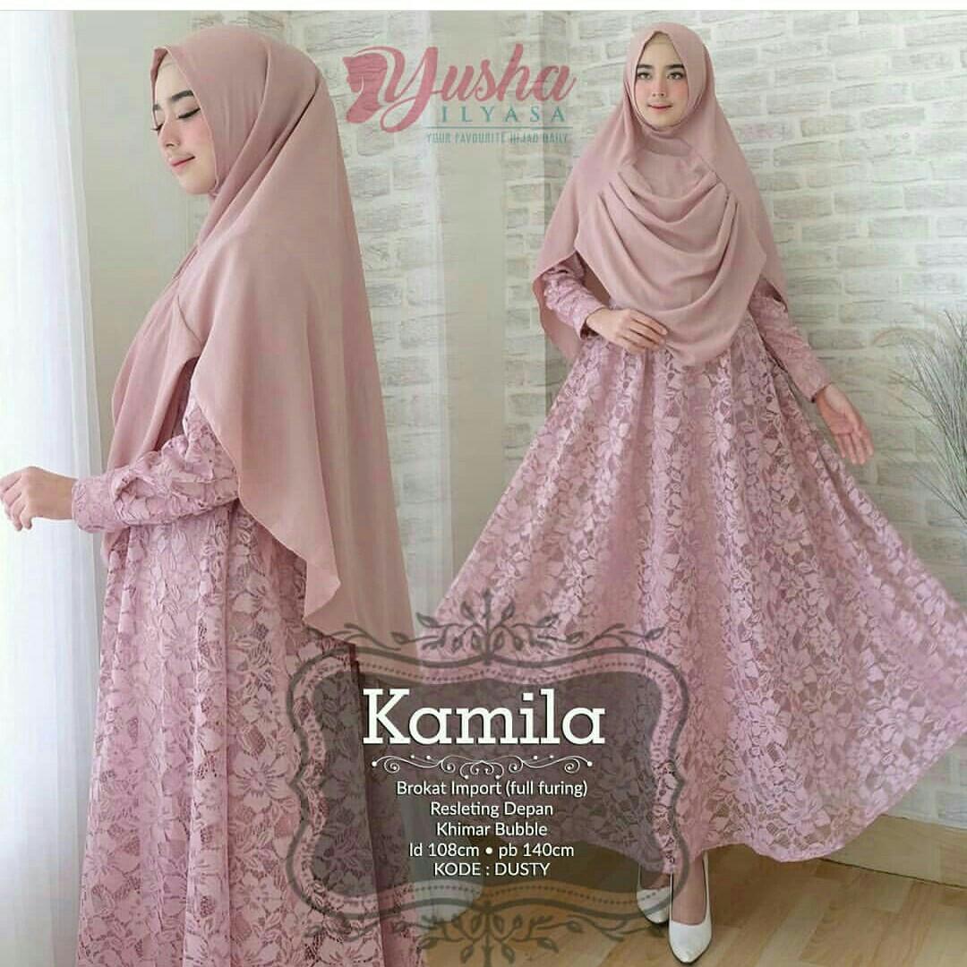Baju Muslim Original Gamis Kamila Syari Dress Baju Brukat+Wolfice Pakaian Modern Muslim Dress Hijab Casual Trendy Gamis Panjang Wanita Terbaru Gaun Modis