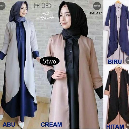 TotallyGreatShop Fashion Busana Kondangan Muslimah - Gamis Cardigan Layer - Formal - Kerja - Kantor - Pesta - Remaja - Casual Dress - Maxi Dress ihcardi