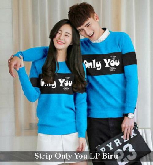 LenganPanjang Kaos Couple Lengan Panjang Keren Baju Kembar Simple Strip Only You Biru