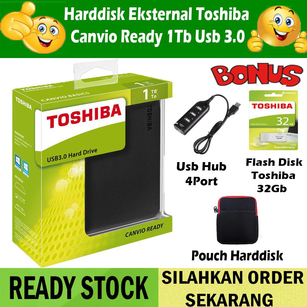 Hardisk Eksternal Toshiba Canvio Ready 1TB - HDD HD Hardisk External - Hitam + Gratis Flashdisk 32Gb Usb Toshiba + Pouch Harddisk + Usb Hub 4 Port